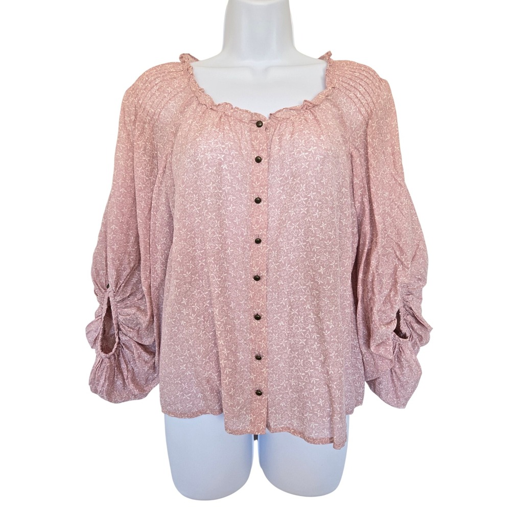 Moda International Pink Floral Cotton Silk Blouse Size S Peasant Cottage Prairie